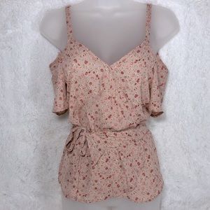 cold shoulder wrap waist floral blouse